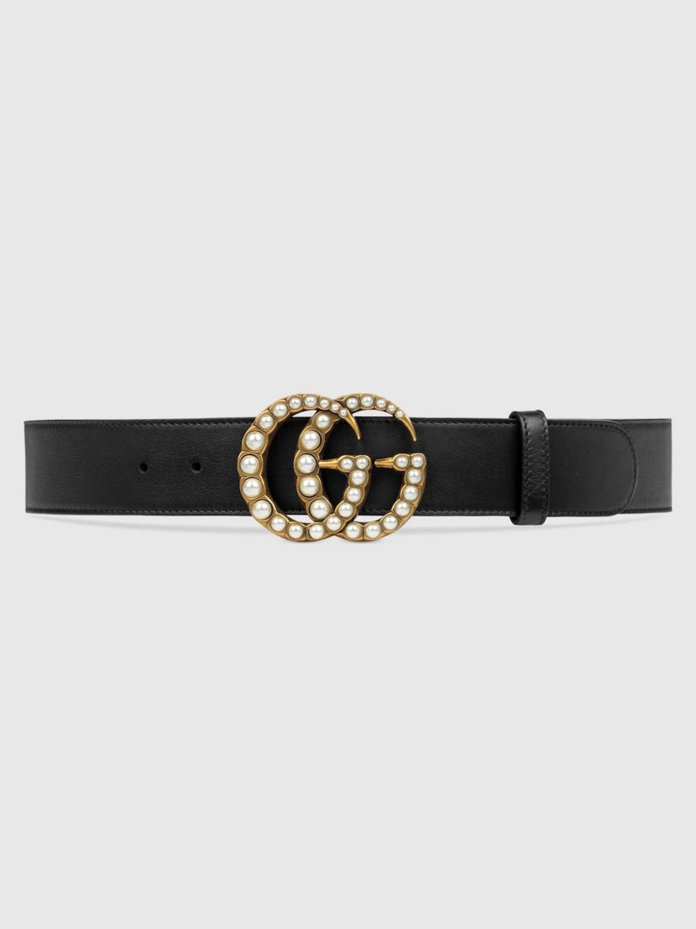 Gucci GG Marmont Faux Pearl Buckle Belt Black Leather